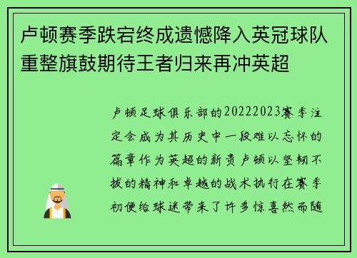 卢顿赛季跌宕终成遗憾降入英冠球队重整旗鼓期待王者归来再冲英超